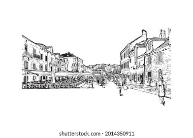 Building view with landmark of Hvar is the 
city in Croatia. Hand drawn sketch illustration in vector. svg