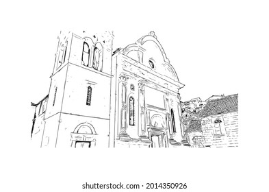 Building view with landmark of Hvar is the 
city in Croatia. Hand drawn sketch illustration in vector.