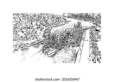 Building view with landmark of Hvar is the 
city in Croatia. Hand drawn sketch illustration in vector.