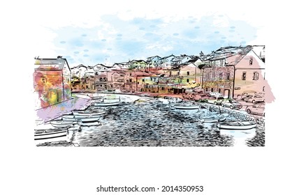 Building view with landmark of Hvar is the 
city in Croatia. Watercolor splash with hand drawn sketch illustration in vector.