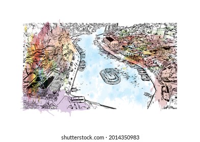 Building view with landmark of Hvar is the 
city in Croatia. Watercolor splash with hand drawn sketch illustration in vector.