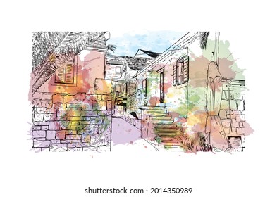 Building view with landmark of Hvar is the 
city in Croatia. Watercolor splash with hand drawn sketch illustration in vector.