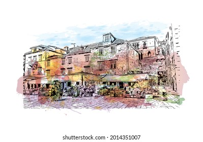 La vista de edificio con un punto de referencia de Hvar es el 
ciudad de Croacia. Salto de color de agua con ilustración de esbozo dibujada a mano en vector.