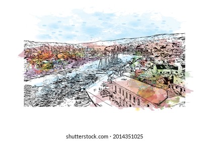 Building view with landmark of Hvar is the 
city in Croatia. Watercolor splash with hand drawn sketch illustration in vector.