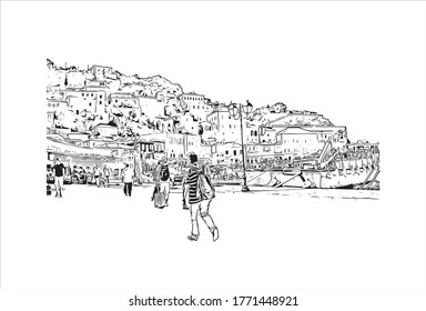Building view with landmark of Hyderabad is the capital of southern India's Telangana state .Hand drawn sketch illustration in vector.