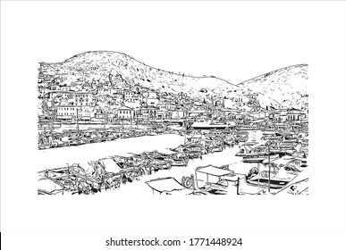 Building view with landmark of Hyderabad is the capital of southern India's Telangana state .Hand drawn sketch illustration in vector.
