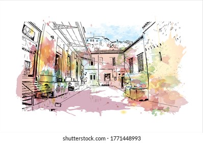Building view with landmark of Hyderabad is the capital of southern India's Telangana state .Watercolor splash with hand drawn sketch illustration in vector.