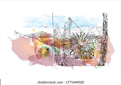Building view with landmark of Hyderabad is the capital of southern India's Telangana state .Watercolor splash with hand drawn sketch illustration in vector.