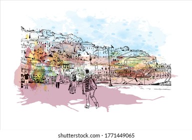 Building view with landmark of Hyderabad is the capital of southern India's Telangana state .Watercolor splash with hand drawn sketch illustration in vector.