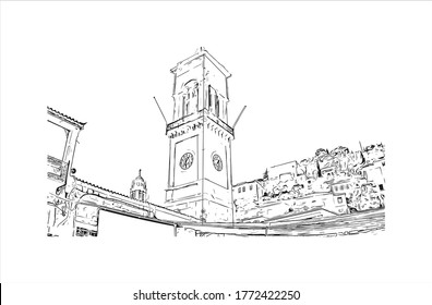 Building view with landmark of Hyderabad is the capital of southern India's Telangana state.  Hand drawn sketch illustration in vector.