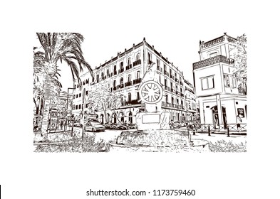 Building view with landmark of Ibiza Town is the capital of Ibiza, one of Spain's Balearic Islands in the Mediterranean Sea. Hand drawn sketch illustration in vector.