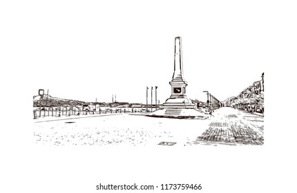 Building view with landmark of Ibiza Town is the capital of Ibiza, one of Spain's Balearic Islands in the Mediterranean Sea. Hand drawn sketch illustration in vector.