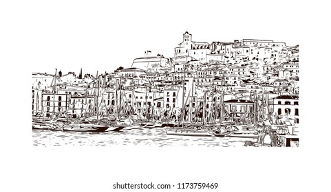 Building view with landmark of Ibiza Town is the capital of Ibiza, one of Spain's Balearic Islands in the Mediterranean Sea. Hand drawn sketch illustration in vector.