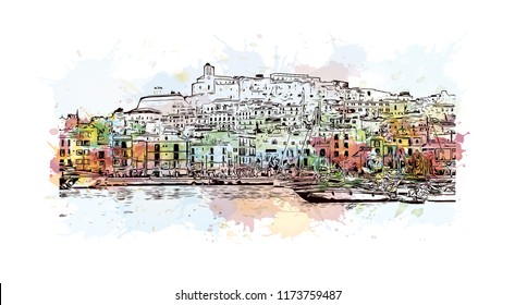 Building view with landmark of Ibiza Town is the capital of Ibiza, one of Spain's Balearic Islands in the Mediterranean Sea. Watercolor splash with Hand drawn sketch illustration in vector.