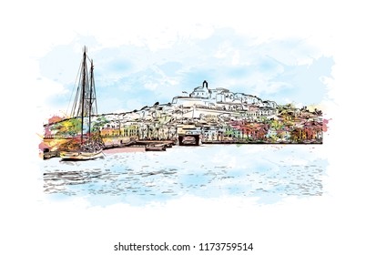 Building view with landmark of Ibiza Town is the capital of Ibiza, one of Spain's Balearic Islands in the Mediterranean Sea. Watercolor splash with Hand drawn sketch illustration in vector.