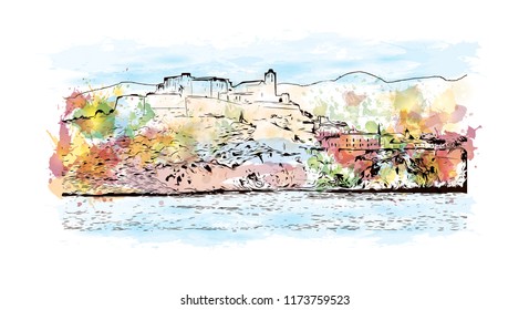 Building view with landmark of Ibiza Town is the capital of Ibiza, one of Spain's Balearic Islands in the Mediterranean Sea. Watercolor splash with Hand drawn sketch illustration in vector.