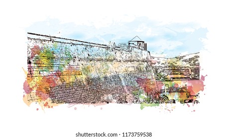 Building view with landmark of Ibiza Town is the capital of Ibiza, one of Spain's Balearic Islands in the Mediterranean Sea. Watercolor splash with Hand drawn sketch illustration in vector.