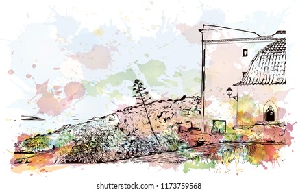 Building view with landmark of Ibiza Town is the capital of Ibiza, one of Spain's Balearic Islands in the Mediterranean Sea. Watercolor splash with Hand drawn sketch illustration in vector.