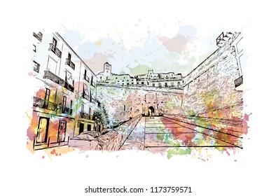 Building view with landmark of Ibiza Town is the capital of Ibiza, one of Spain's Balearic Islands in the Mediterranean Sea. Watercolor splash with Hand drawn sketch illustration in vector.