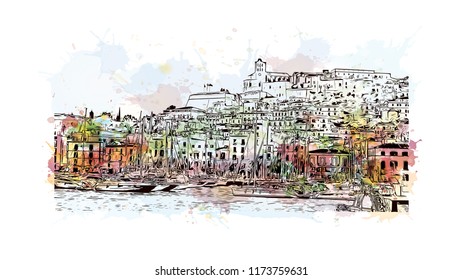 Building view with landmark of Ibiza Town is the capital of Ibiza, one of Spain's Balearic Islands in the Mediterranean Sea. Watercolor splash with Hand drawn sketch illustration in vector.