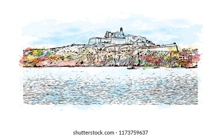 Building view with landmark of Ibiza Town is the capital of Ibiza, one of Spain's Balearic Islands in the Mediterranean Sea. Watercolor splash with Hand drawn sketch illustration in vector.