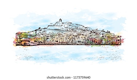 Building view with landmark of Ibiza Town is the capital of Ibiza, one of Spain's Balearic Islands in the Mediterranean Sea. Watercolor splash with Hand drawn sketch illustration in vector.