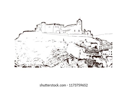 Building view with landmark of Ibiza Town is the capital of Ibiza, one of Spain's Balearic Islands in the Mediterranean Sea. Hand drawn sketch illustration in vector.