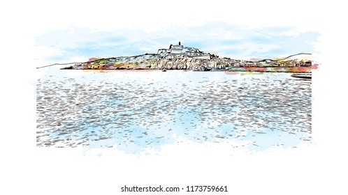 Building view with landmark of Ibiza Town is the capital of Ibiza, one of Spain's Balearic Islands in the Mediterranean Sea. Watercolor splash with Hand drawn sketch illustration in vector.