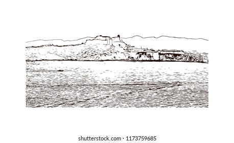 Building view with landmark of Ibiza Town is the capital of Ibiza, one of Spain's Balearic Islands in the Mediterranean Sea. Hand drawn sketch illustration in vector.