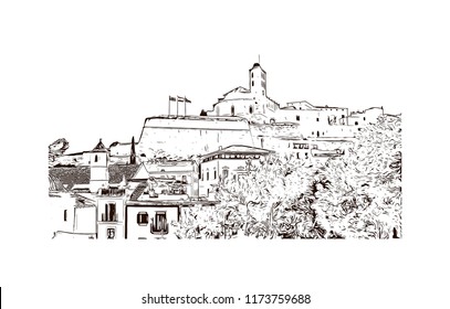 Building view with landmark of Ibiza Town is the capital of Ibiza, one of Spain's Balearic Islands in the Mediterranean Sea. Hand drawn sketch illustration in vector.