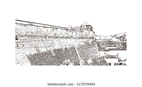Building view with landmark of Ibiza Town is the capital of Ibiza, one of Spain's Balearic Islands in the Mediterranean Sea. Hand drawn sketch illustration in vector.