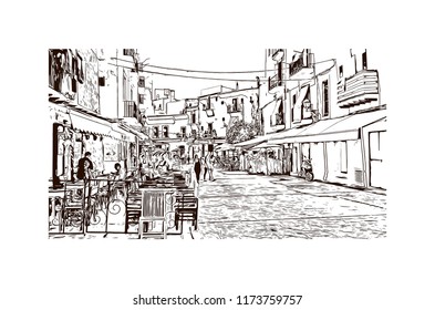 Building view with landmark of Ibiza Town is the capital of Ibiza, one of Spain's Balearic Islands in the Mediterranean Sea. Hand drawn sketch illustration in vector.