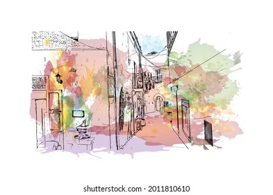 Building view with landmark of Ibiza Town is the capital in Ibiza. Watercolor splash with hand drawn sketch illustration in vector.