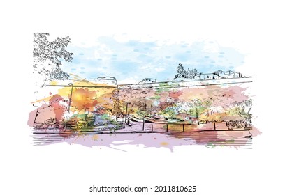 Building view with landmark of Ibiza Town is the capital in Ibiza. Watercolor splash with hand drawn sketch illustration in vector.