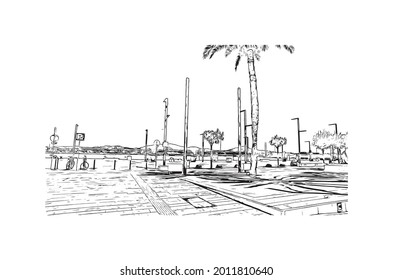 Building view with landmark of Ibiza Town is the capital in Ibiza. Hand drawn sketch illustration in vector.