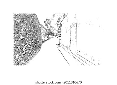 Building view with landmark of Ibiza Town is the capital in Ibiza. Hand drawn sketch illustration in vector.