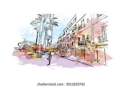 Building view with landmark of Ibiza Town is the capital in Ibiza. Watercolor splash with hand drawn sketch illustration in vector.