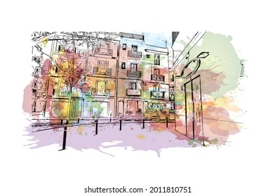 Building view with landmark of Ibiza Town is the capital in Ibiza. Watercolor splash with hand drawn sketch illustration in vector.