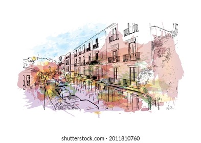 Building view with landmark of Ibiza Town is the capital in Ibiza. Watercolor splash with hand drawn sketch illustration in vector.