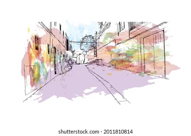 Building view with landmark of Ibiza Town is the capital in Ibiza. Watercolor splash with hand drawn sketch illustration in vector.