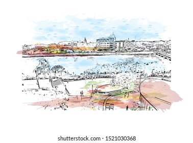 Building view with landmark of Iloilo is a province located in the region of Western Visayas in the Philippines. Watercolor splash with Hand drawn sketch illustration in vector.