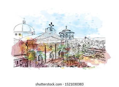 Building view with landmark of Iloilo is a province located in the region of Western Visayas in the Philippines. Watercolor splash with Hand drawn sketch illustration in vector.