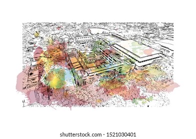 Building view with landmark of Iloilo is a province located in the region of Western Visayas in the Philippines. Watercolor splash with Hand drawn sketch illustration in vector.