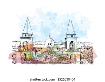 Building view with landmark of Iloilo is a province located in the region of Western Visayas in the Philippines. Watercolor splash with Hand drawn sketch illustration in vector.