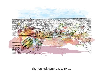 Building view with landmark of Iloilo is a province located in the region of Western Visayas in the Philippines. Watercolor splash with Hand drawn sketch illustration in vector.