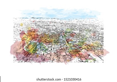 Building view with landmark of Iloilo is a province located in the region of Western Visayas in the Philippines. Watercolor splash with Hand drawn sketch illustration in vector.