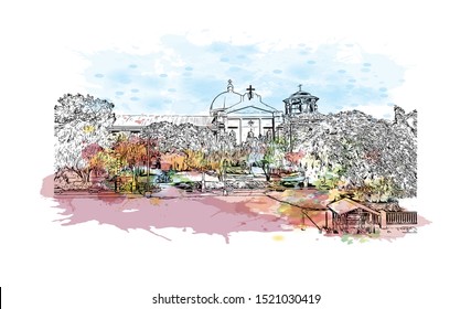 Building view with landmark of Iloilo is a province located in the region of Western Visayas in the Philippines. Watercolor splash with Hand drawn sketch illustration in vector.