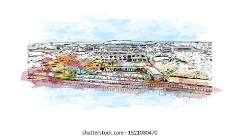 Building view with landmark of Iloilo is a province located in the region of Western Visayas in the Philippines. Watercolor splash with Hand drawn sketch illustration in vector.