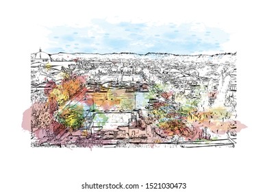 Building view with landmark of Iloilo is a province located in the region of Western Visayas in the Philippines. Watercolor splash with Hand drawn sketch illustration in vector.