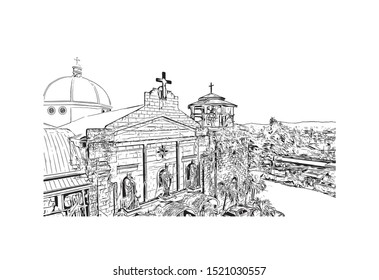 Building view with landmark of Iloilo is a province located in the region of Western Visayas in the Philippines. Hand drawn sketch illustration in vector.